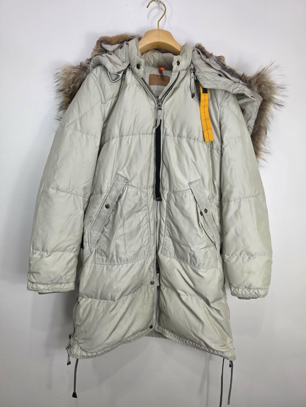 Parajumpers Light Cream Jacket with Tan Leather Patches and Orange Loop